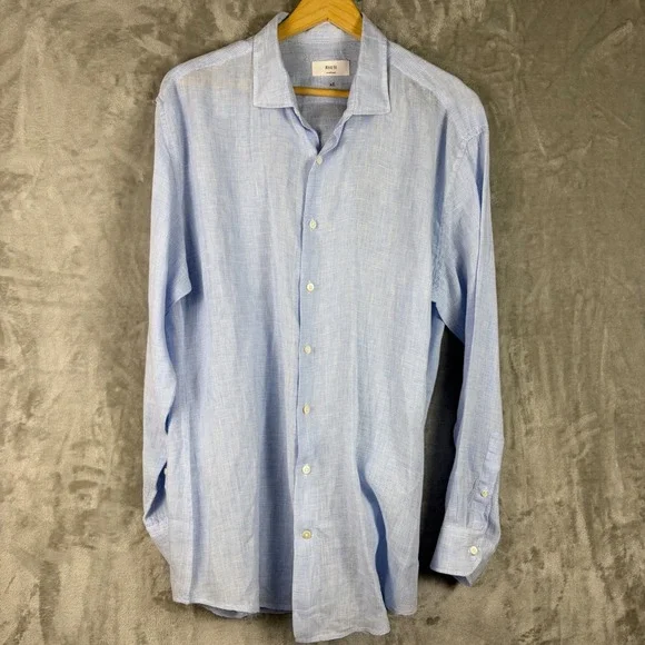 Rye 51 Mens Button Down Shirt Blue Linen Feel Small Batch XL Breathable Luxury - Picture 2 of 10